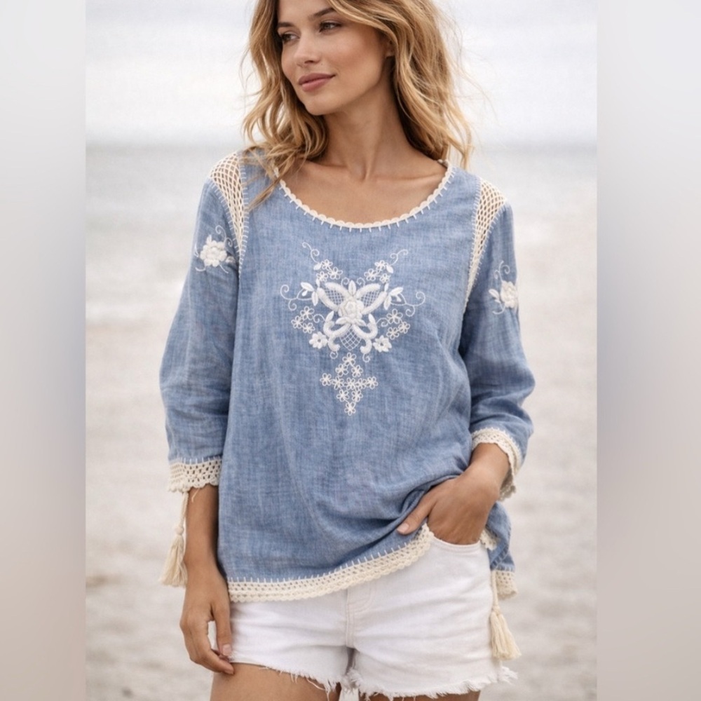 Lucky Brand Boho Gauze Blouse Blue Embroidered Crochet Top Women’s S M